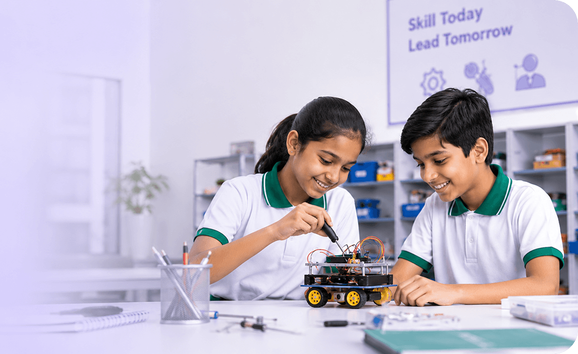 Students working on robotics in lab